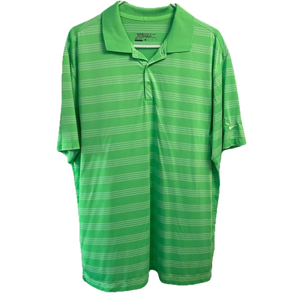 Nike Golf Tour‎ Performance Fri-fit Polo Men's XL Green&White Striped Shirt EUC